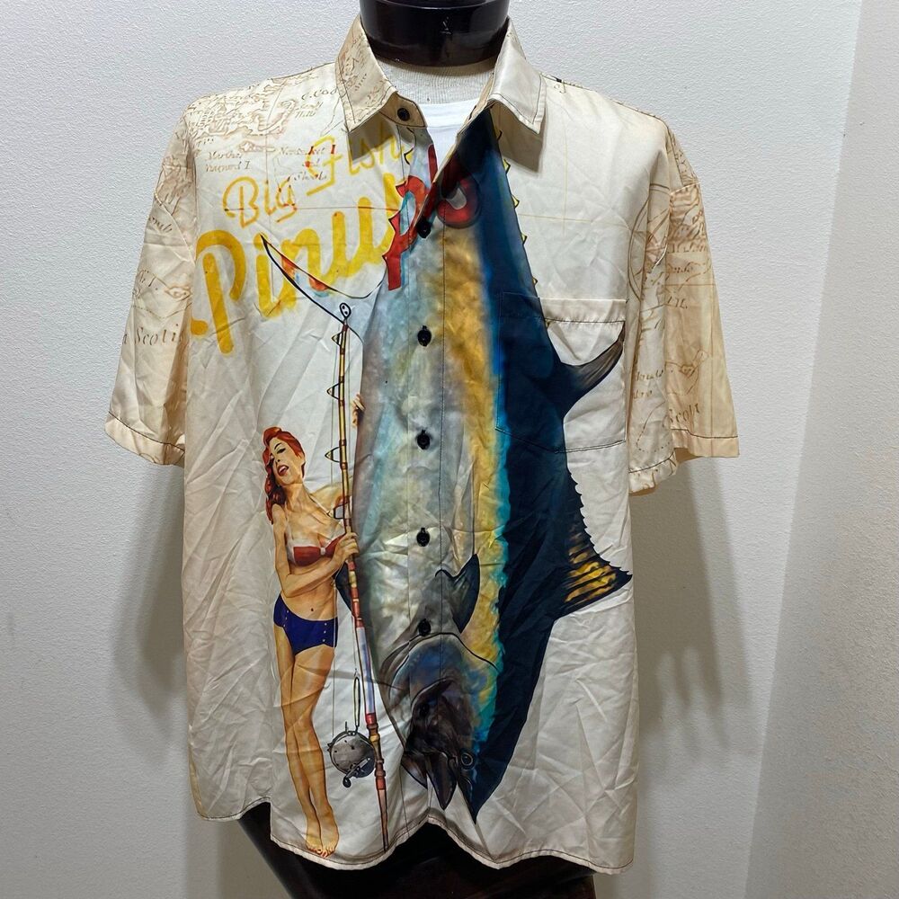 Hardaddy Men's Hawaiian Shirt Vintage Girl and Fish Printed Shirt Size Large